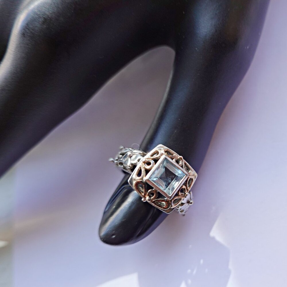 Antique Art Deco Vintage Gold Gilt Sterling  Blue Topaz Square Stone Ring Size 6 - Picture 3 of 3